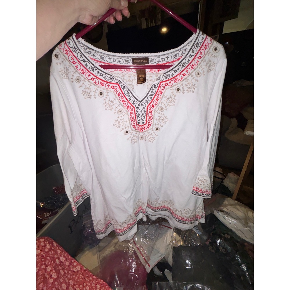 Multiples Womens 2X White Embroidered 3/4 Sleeve Boho Scoop Neck Top Red Gold